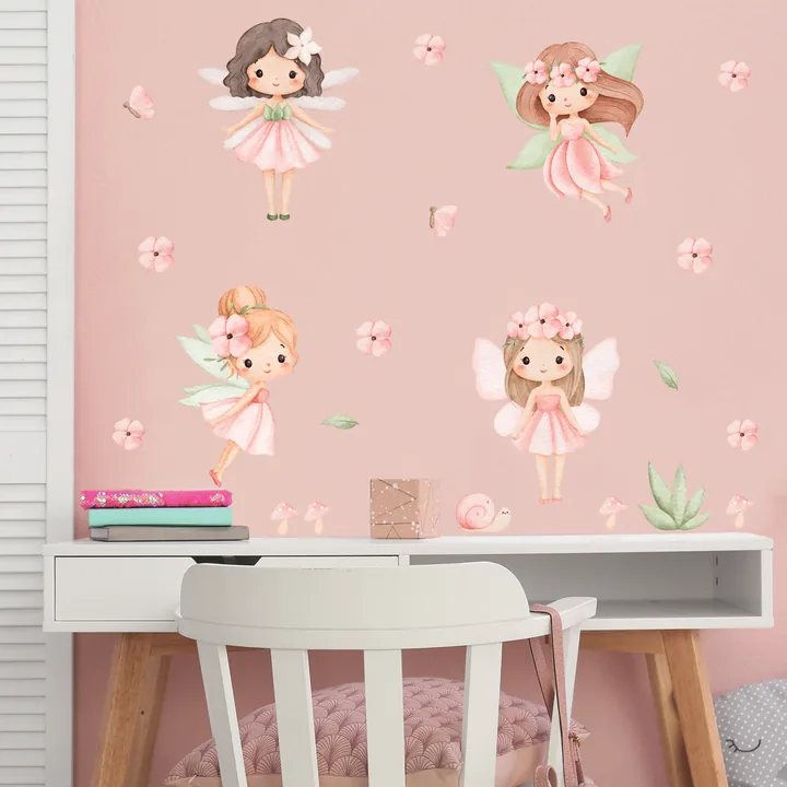 Adesivos de fadas aquareladas em parede rosa