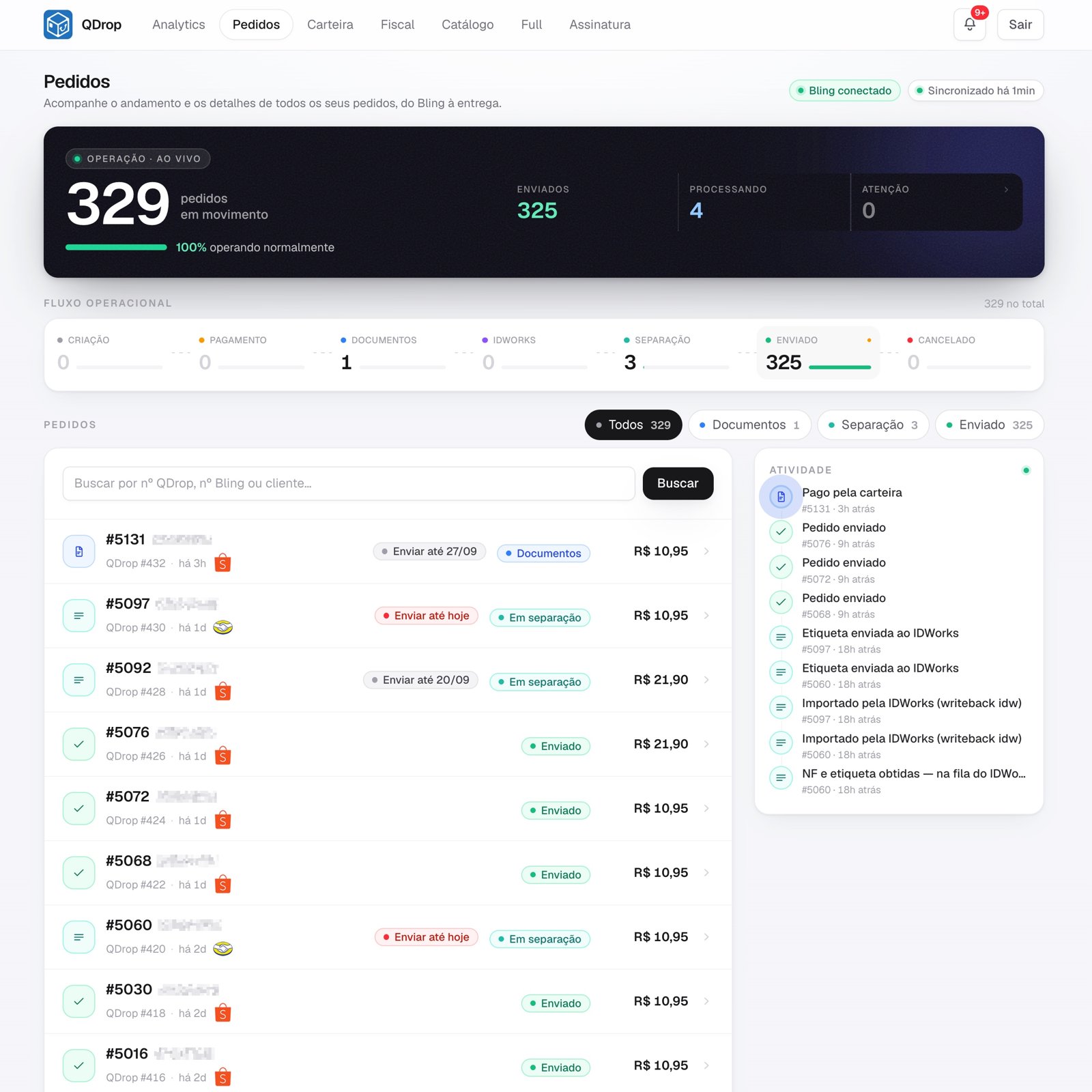 Painel QDROP: pedidos sincronizados com o Bling, do documento ao envio